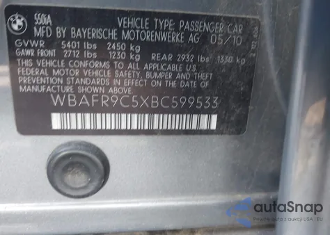 2011 BMW 550I z USA, uszkodzony, nr VIN WBAFR9C5XBC599533